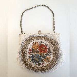 Vintage Beaded Tapestry Purse Bag Floral Pearl colored beading chain kiss lock